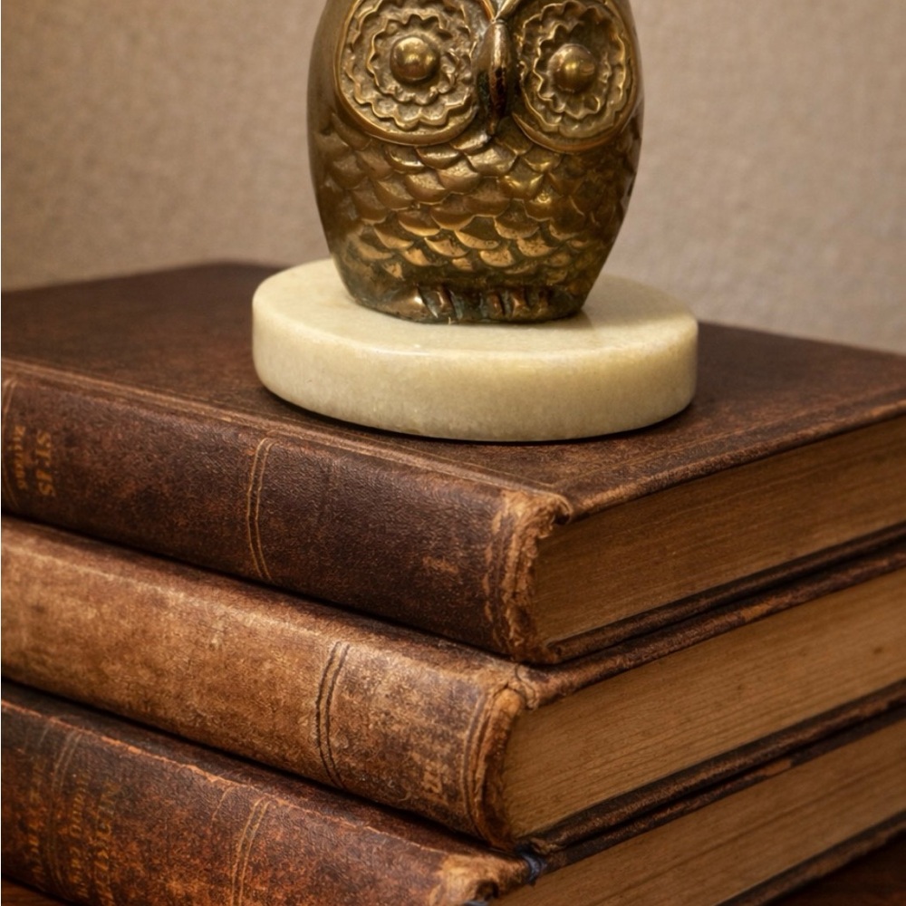 Brass Owl Paperweight on Cream Marble Base - Home Accents